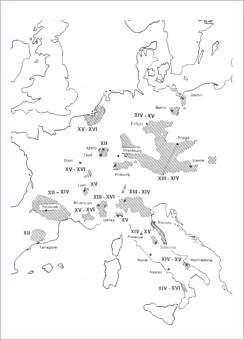 Mapa rozšíření valdenských ve středověku