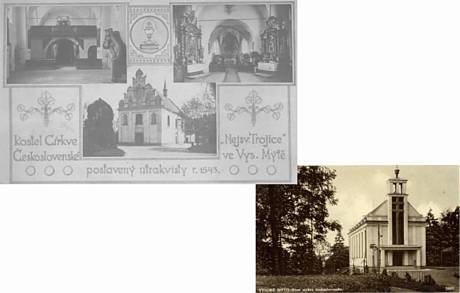 Kostel ve Vysokém Mýtě roku 1922 a nový kostel v roce 1937